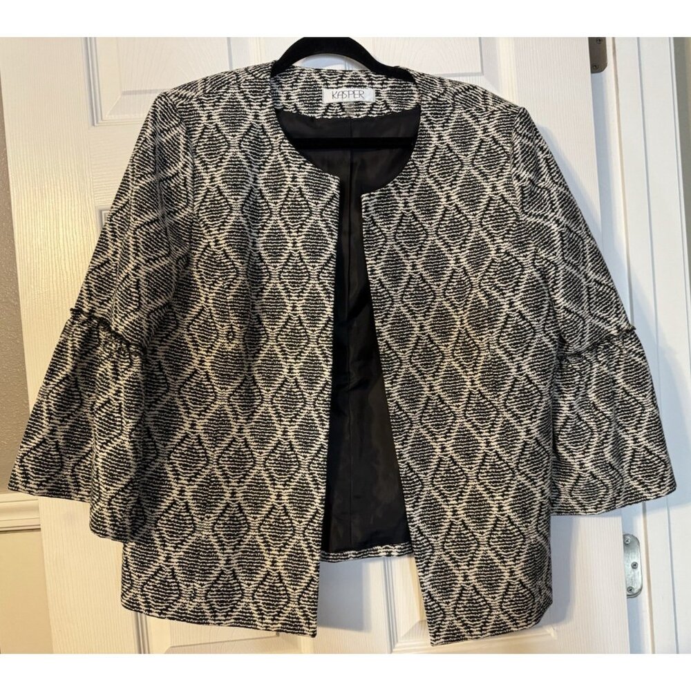 Kasper Suit Jacket Blazer 16 Black White Diamond Classic Open Stretch - Picture 2 of 14